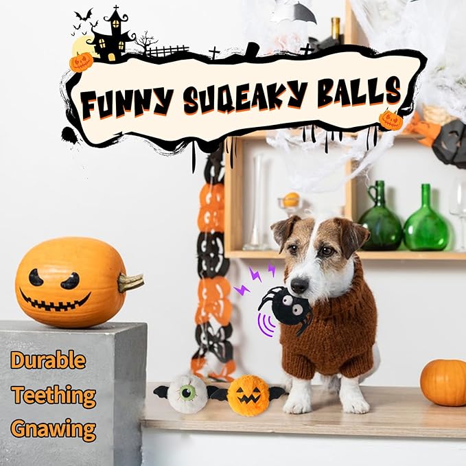 DKING 3Pack Squeaky Dog Balls,2 in1 Funny Puppy Ball Toys,Birthday Dog Toy for Small Medium Dogs (Halloween Ball)