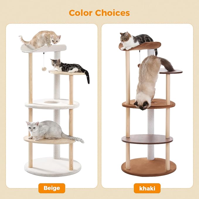 PETEPELA Wood Cat Tree Tower for Indoor Cats,5-Level Modern Cat Tree Cat Activity Center with Scratching Posts, Brown