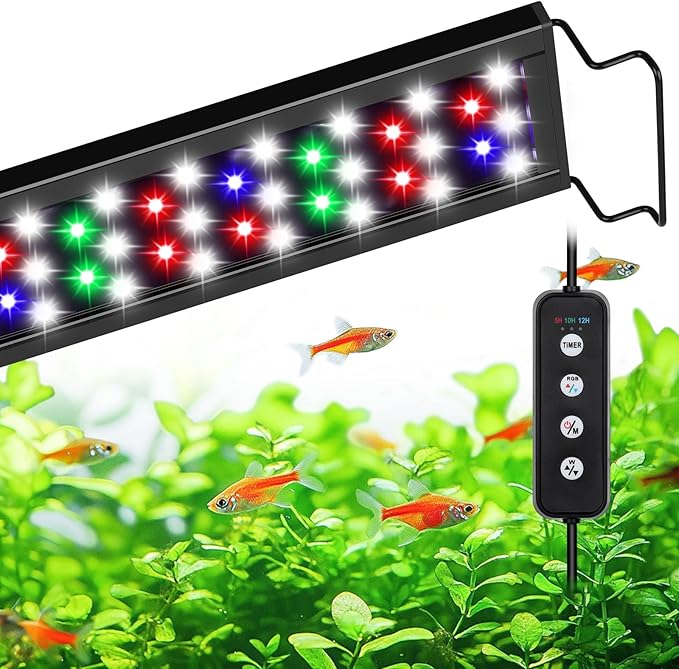 AQQA Full Spectrum Aquarium Light, Fish Tank Lights for Plant Growth Fish Viewing,3 Mode White Blue Red Green LED beads,Timer,Adjustable Brightness,Extendable Brackets for Freshwater 14W for 12-18inch