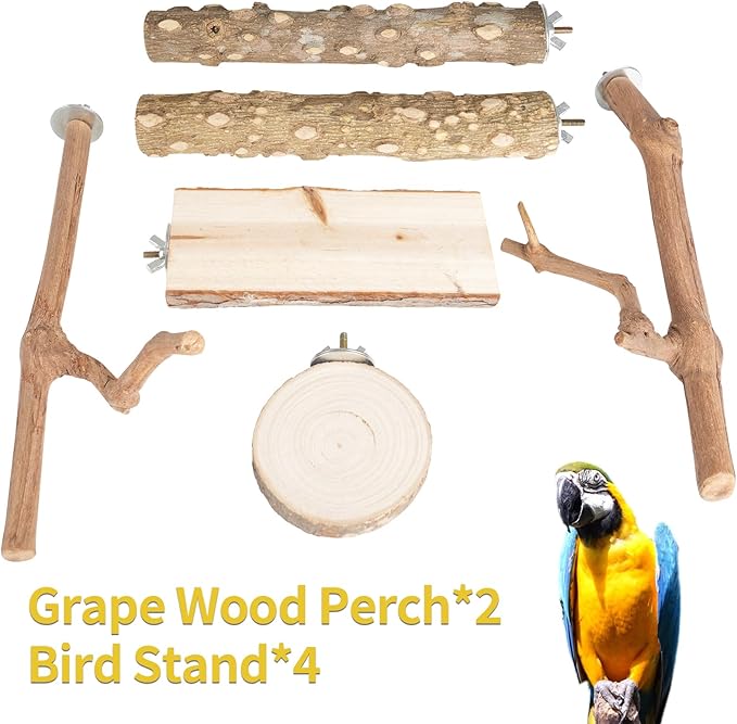 Bird Perches, 6PCS Natural Wood Birds Perch Stand Set, Parakeet Toys, Bird Cage Accessories, Stand & Toys for Parakeets, Cockatiels, Conure, Budgies