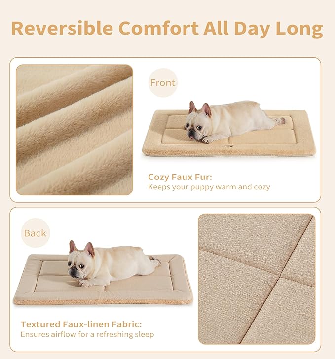Made4Pets Dog Crate Pad Bed for Small Dogs, Washable & Reversible, Anti-Slip Kennel Mat for Cozy Sleeping, Soft Fluffy Dog Bed for Indoor & Outdoor Use, 24"x18", Khaki