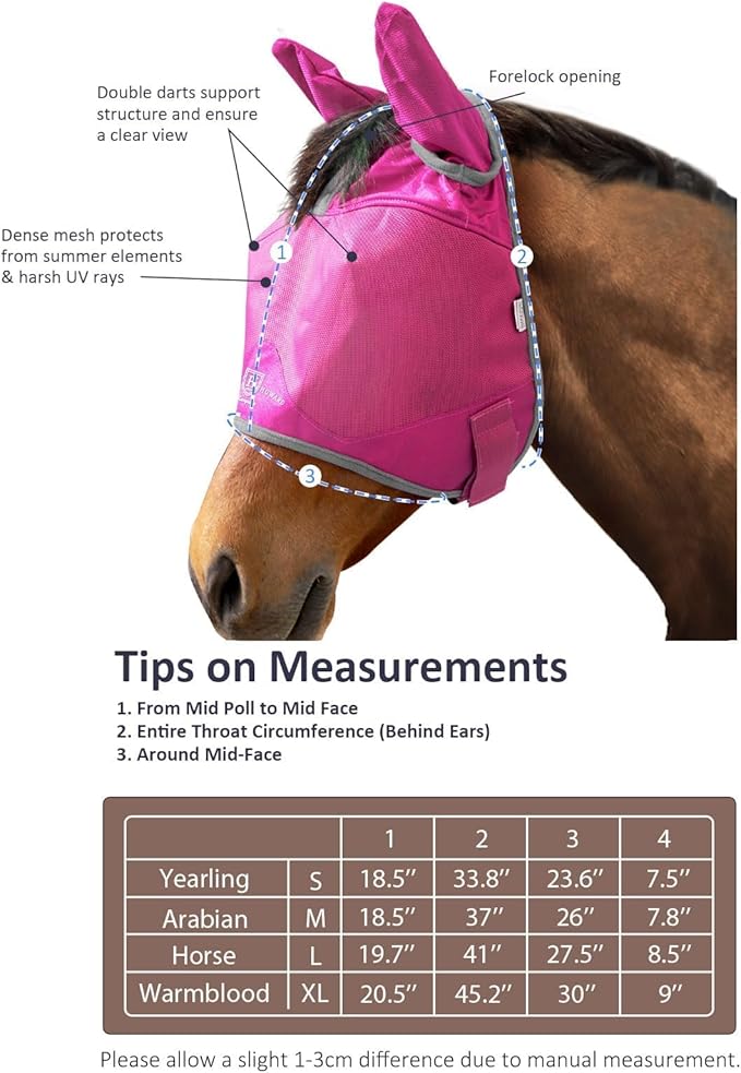 Harrison Howard UV-proof Multi-Function Fabrics Thick Fleece Padding Horse Fly Mask Half Face with Ears Magenta Horse Large