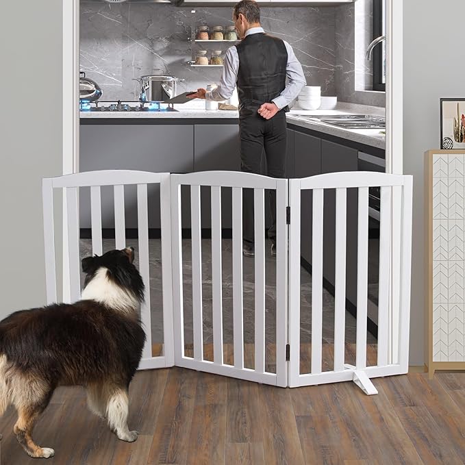 ZJSF Foldable Freestanding Indoor Dog Gate for House Wood White Long Pet Gates Dog Fence for Stairs Puppy Gates for Hallways,Pet Fence, Puppy Gate,Support Feet Included 32 "Height-3 Panels