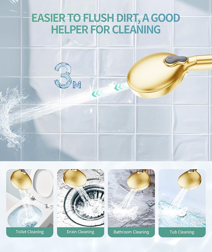 Filtered Shower Head with Handheld, High Pressure 9 Spray Mode Brushed Gold Showerhead with 4 Filters, Detachable Shower Head, Water Softener Filters Beads for Hard Water - Remove Chlorine