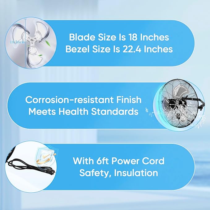 KEN BROWN 18 Inch Industrial Wall Mount Fan, 4300 CFM Metal Heavy Duty Fan, 3-Speeds High Velocity Oscillating Fans for Patios, Shop, Greenhouse, Garage, Commercial, Gazebo