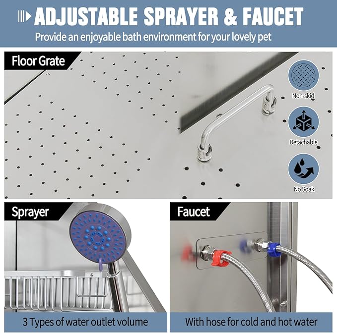 50" Pet Dog Bathing Station W/Ramp, Professional Stainless Steel Dog Grooming Tub W/Soap Box, Faucet,Rich Accessory, Dog Bathtub for Large,Medium,Small Pets, Washing Sink for Home (50" Right ramp)