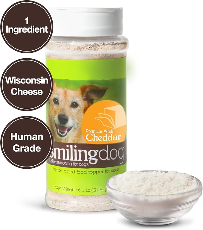 Herbsmith Smiling Dog Kibble Seasoning – Freeze Dried Cheese Food Topper - Premium White Cheddar – All Natural, Human-Grade Topper for Dogs 6.2 oz