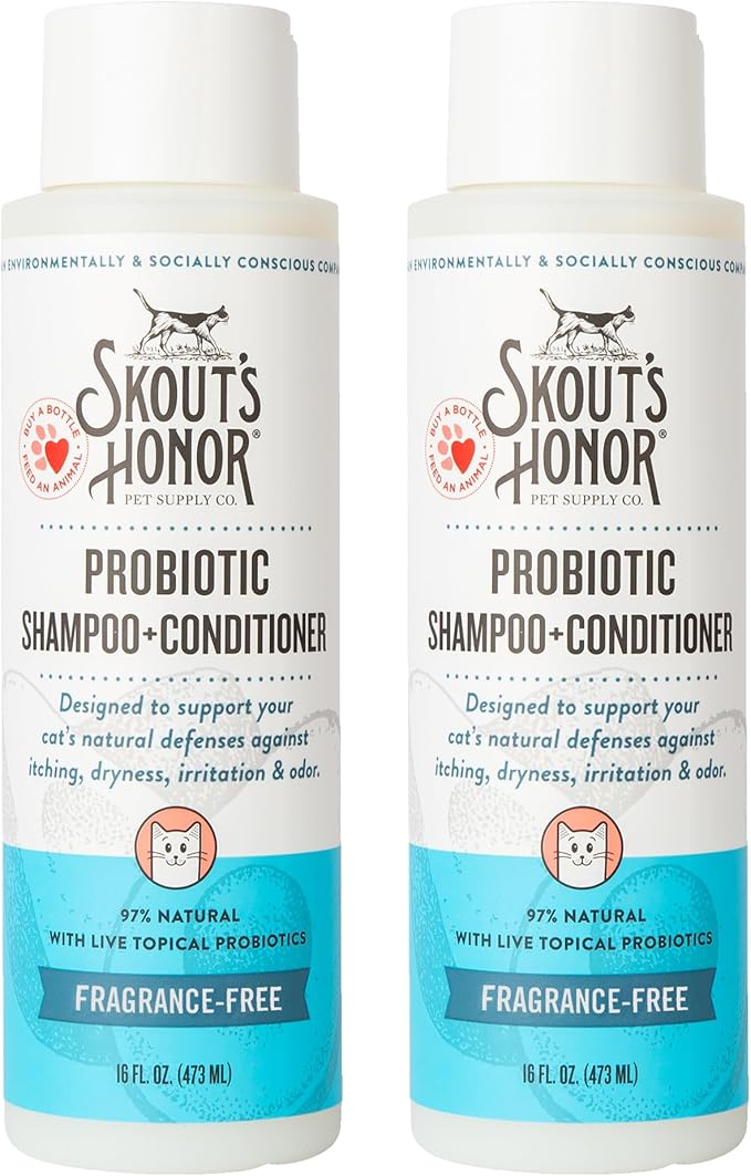 Skout's Honor Unscented Probiotic Cat Shampoo & Conditioner with Avocado Oil & Omega-3s, 97% Natural, Paraben & Sulfate-Free, Cruelty-Free, 16oz, Fragrance Free, 2-Pack