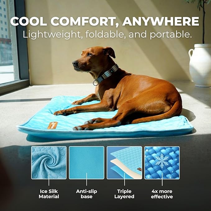 Dog Cooling Mat- Ice Silk Summer Comfort, Self Cooling, Non-Slip Dog Pad, Durable & Washable, Mat for Medium Dogs 50x65 cm, Support Shelter Dogs with Every Purchase (Blue)