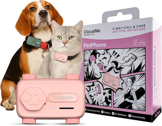 GlocalMe PetPhone for Dog and Cat, Support Play Music and Two-Way Call, Pet Community and AI Health Alerts, Real Time Tracking and Virtual Fence, Unlimited Range Pet GPS Tracker (Pink)