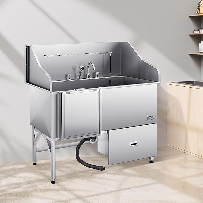 VEVOR Professional 304 Stainless Steel Dog Bathing Station, 61 inch Pet Grooming Tub w/Anti-Slip ramp, Storage Drawer, Cold Hot Faucet Showerhead, for Large & Medium & Small (Left Door, with Drawer)