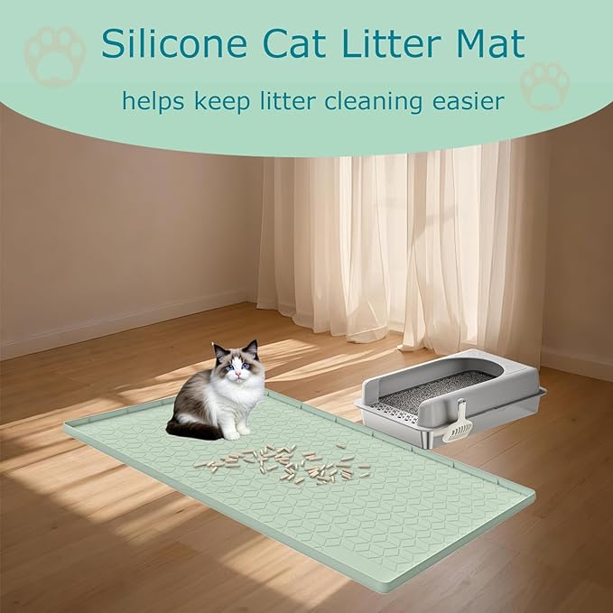 Cat Litter Mat, Silicone Large Cat Mat for Litter Box - 34x22 in, Waterproof & Non-Slip, Durable & Easy Clean, Green