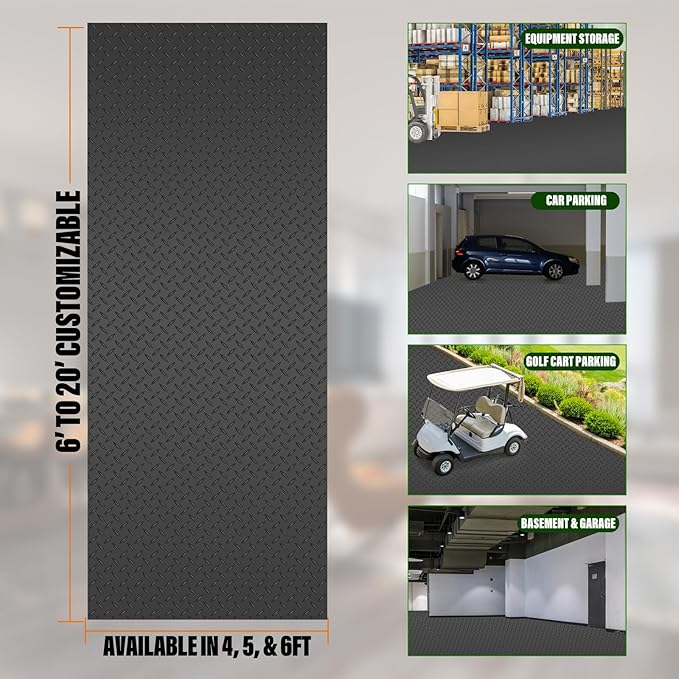 SEAL 6 x 15 Ft Premium Garage Floor Mat, Solid 2.8mm Thickened Black Commercial Grade Heavy Duty Parking Mat for Garage Floor, Golf Cart, Water/Stain Resistant Floor Runner (Embossed Diamond Plate)