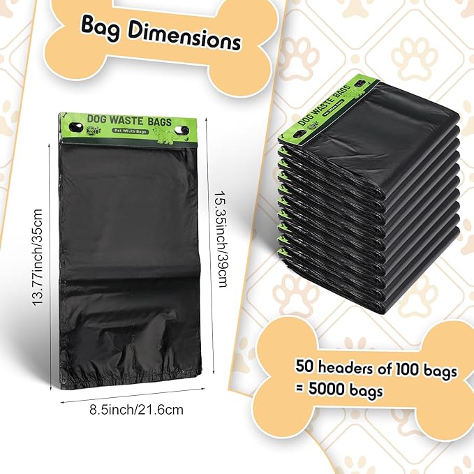 Ireer 5000 Pcs 50 Counts 5000 Pcs Header Bag Bulk Dog Pet Waste Bags Poop Easy Single Pull for Poop Dog Waste Station Fit Hang Hole Dispenser Home Outdoor (Black)