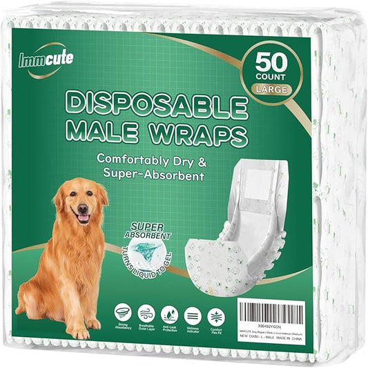 IMMCUTE Dog Diapers Male Large 50 Ct, Disposable Male Dog Wraps with Wetness Indicator, Super Absorbent Puppy Diapers Male, Comfortable Doggie Diapers for Excitable Urination, Incontinence