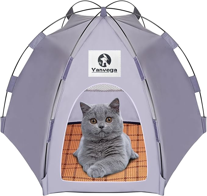 Yanvega Cat Tent Cat Beds for Indoor Cats Pet Supplies, 23.6" × 23.6" × 16.8" Cat Pop Up Tent Collapsible Cat House Cat Cave Outdoor, No Assemble Required High Elastic Frame with Ground Nail （Gray）