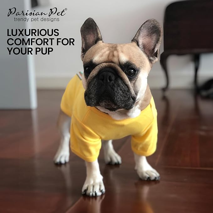 Parisian Pet Dog Shirt - Embroidered “Mustard on My Food“ - 100% Cotton and Polyester Dog Clothes - Sleeved, Lightweight Costume for Dogs - Yellow Dog Shirts for Large Dogs - Pet Costumes - XL