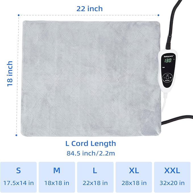 pettycare Pet Heating Pad for Dog Cat, Electric Heating with Steel-Wrapped Cord, 25-Level Timer & 11-Level Temperature Indoor Warming Pads Easy Clean for Puppy Cat Dog L 22x18inch