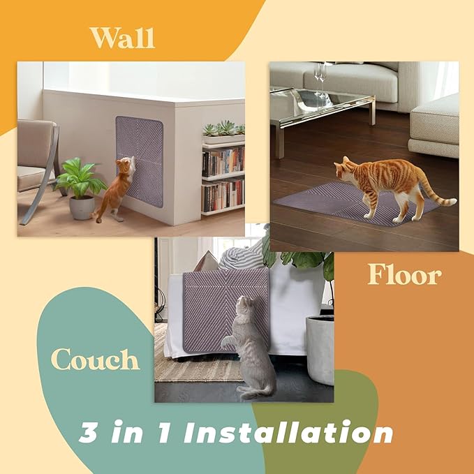 SCRATCHABLE Sisal Cat Scratcher, [+ Catnip Fish Toy] Cat Wall Scratcher, Couch Protector from Cat Scratching, Sisal Cat Scratcher - 24 X 15.8 with 12 Adhesive Velcro Stripes. (Navy Maze)