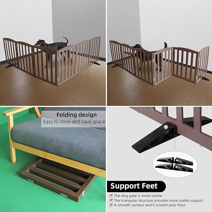 ZJSF Foldable Freestanding Indoor Dog Gate for House Wood Long Pet Gates Dog Fence for Stairs Puppy Gates for Hallways, Puppy Gate,Support Feet Included, Brown, 24 "Height-6 Panels