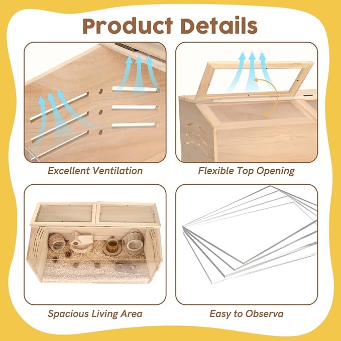 Snowtaros Wooden Hamster Cage, Large Hamster Cages and Habitats Chewproof, with 2 Openable Acrylic Top, Small Animal Cage for Mouse Gerbil Quail Dwarf Syrian Hamsters (31.5" L*15.7" W*15.7" H)