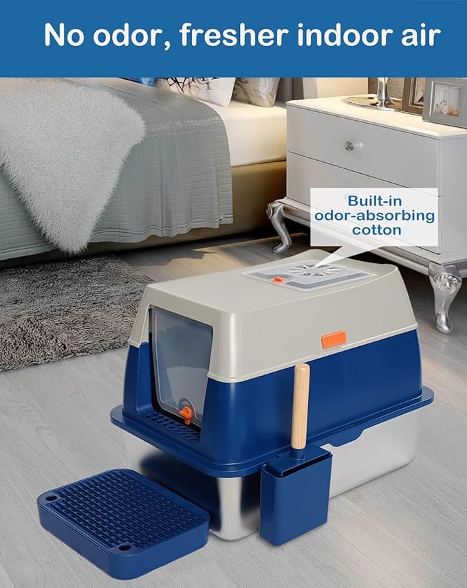 XL Stainless Steel Enclosed Litter Box with Covered for Indoor Cats, High Sides, Eliminates Odors, Easy Clean, Blue, FOXORU