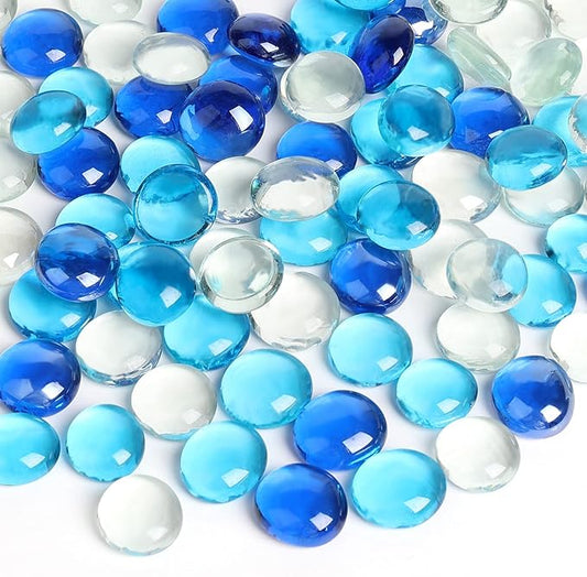 FUTUREPLUSX 0.97 pounds, Flat Glass Marbles, Blue Mixed Gemstone Vase Fillers Beads Decorative Glass Pebbles Floral Fish Tank Rocks for Vases Table Scatter Aquarium Decor