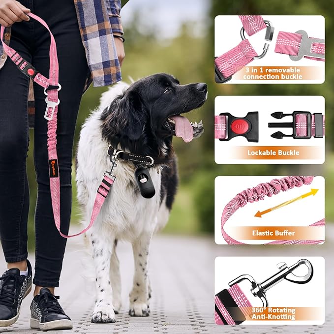 Removable Dog Seat Belt Harness for Car, 3 in 1 Pet Dog Car Seatbelt Leash, Retractable Restraint Secures to Vehicle Headrest & Adjustable Reflective Bungee Dog Seatbelt Tether, Pink and Black