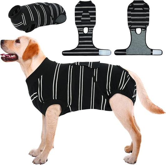 Kuoser Dog Surgery Recovery Suit for Female Male Dogs, Stripes Spay Neuter Anti-Licking Dog Onesie, Surgical Suit Snugly Pet Post Surgery Vest Bodysuit for Abdominal Wounds Skin Disease, Black L