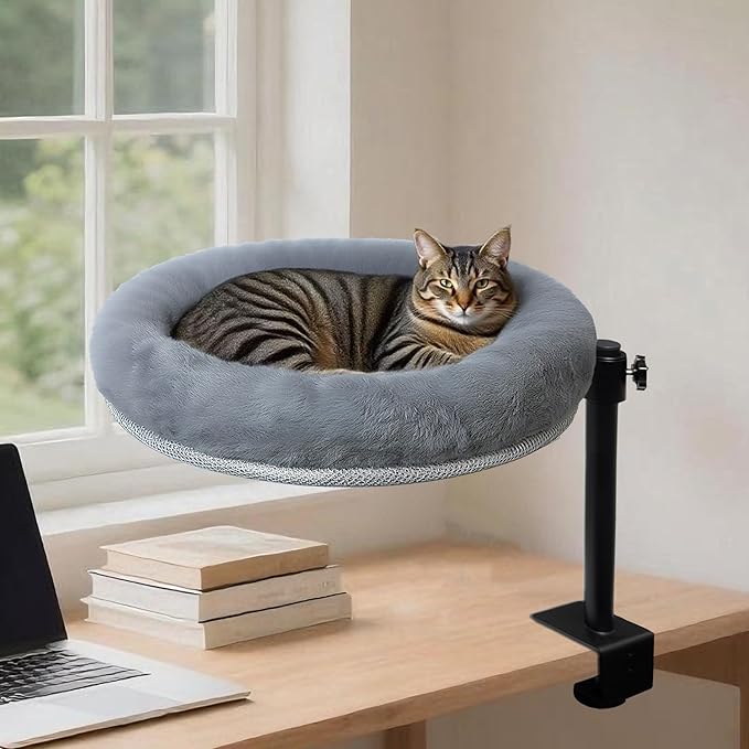 Cat Desk Bed with Summer Colling Mat, 360° Rotating & Height Adjustable Indoor Cat Nest, Large Desktop Cats Perch for Home Offcice Space Saving, Supports Up to 40 lbs, Machine Washable Removable Cover