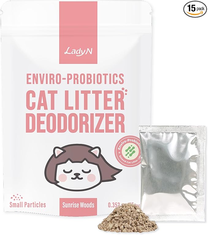 Lady N Cat Litter Deodorizer – Litter Box Odor Eliminator with Enviro-Probiotics,Cation Odor Control,Natural Ingredients Safe for Cats, Extends Litter Lifespan,Refreshing Woody Scent, 10g x 15Packets