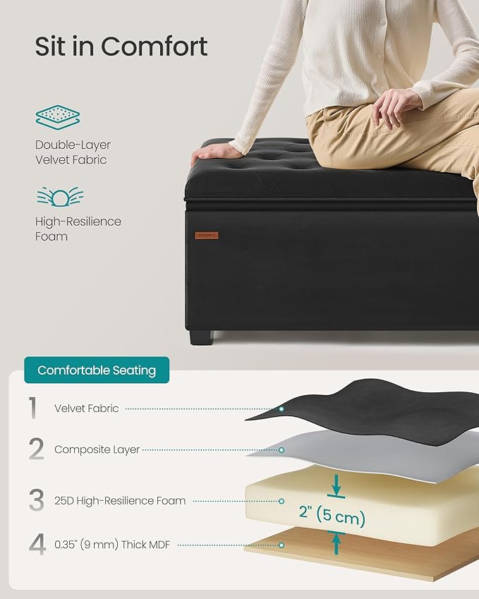 SONGMICS Velvet Storage Ottoman Bench, Foot Rest with Legs, 15.7 x 43 x 15.7 Inches, End of Bed Bench, Storage Chest, Load up to 660 lb, for Living Room, Bedroom, Entryway, Ink Black ULSF089B02