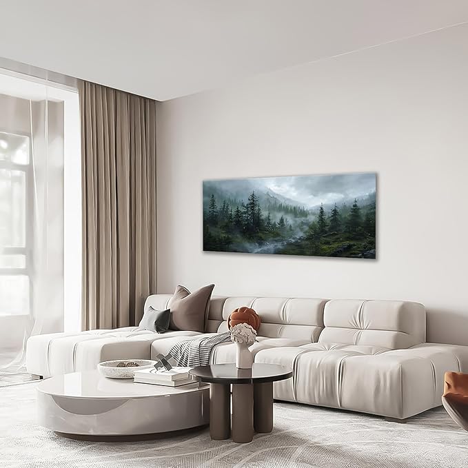 Large Forest Wall Art Nature Misty Mountain Canvas Living Room Tree Landscape Pictures Framed Prints Oversize Wall Decor Painting Artwork for Bedroom Dining Home 60"x30"
