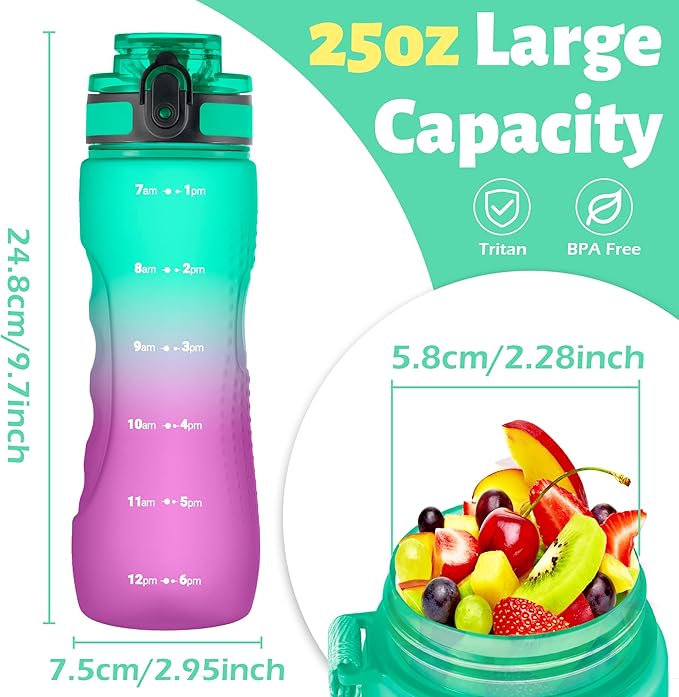 OLDLEY 25 oz Water Bottle, Motivational Water Bottle with Time Marker, Sports Water Bottle With Strap, Leakproof & BPA Free Large Water Bottles for School, Gym, Travel, Outdoor, Tritan,Green&Purple