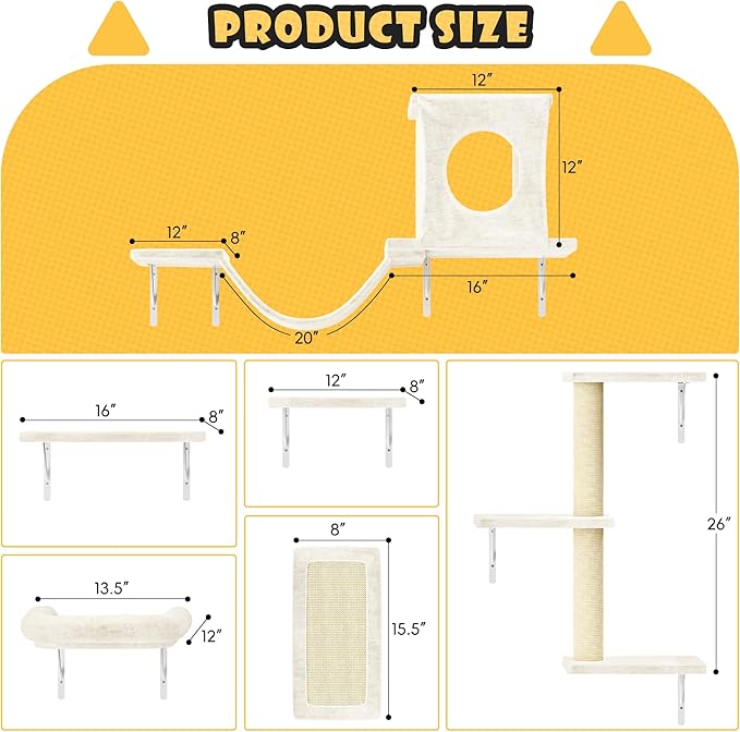 NUNU LAB Wall Mounted Cat Furniture, 6 Pcs Cat Wall Shelves with Condo House, Bridge, Steps, Scratcher, Hammock, Indoor Safe & Stable Furniture for Kittens Play, Beige
