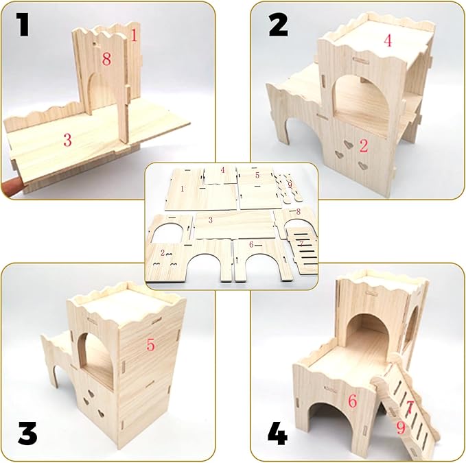 Large Wooden Hamster House Castle with Double Decker,Large Hamster, Wooden Hamster Houses,Dwarf Hamster Habitat Hideout with Climbing Ladder,Large Guinea Pig Castle Detachable Hideouts(D)