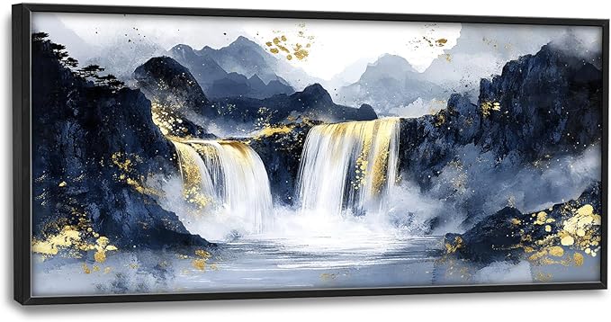 Extra Large Abstract Golden Waterfall Framed Wall Art for Living Room,Oversized Foggy Mountain Pictures Wall Decor,Canvas Print Painting Modern Artwork Bedroom Office Bathroom 60L" x 30W"