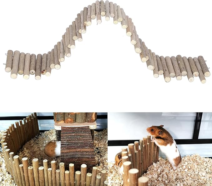 Ejoyous Hamster Wooden Bridge, Wood Ladder Hamster Fence Hideout Cage Bedding Climbing Toys for Syrian Hamsters Gerbil Small Animals (40CM Fence)