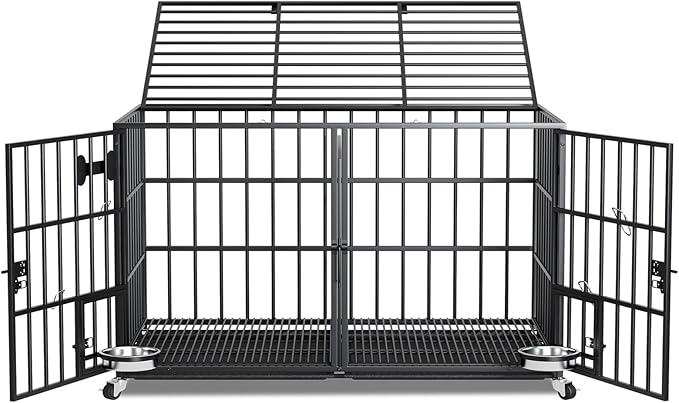 54 inch XL Dog Crate for Large Dog/Double Medium Dogs,Heavy Duty Metal Dog Cages,All Metal Open Top,Dog Kennel Indoor with Wheels,Floor Grid, Tray, Divider and Feeding Bowl