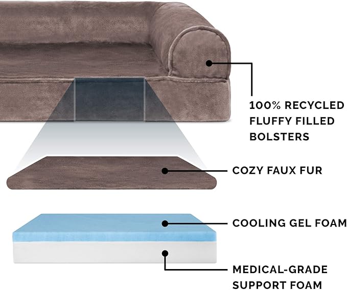 Furhaven Cooling Gel Dog Bed for Large Dogs w/ Removable Bolsters & Washable Cover, For Dogs Up to 125 lbs - Faux Fur & Velvet Sofa - Driftwood Brown, Jumbo Plus/XXL