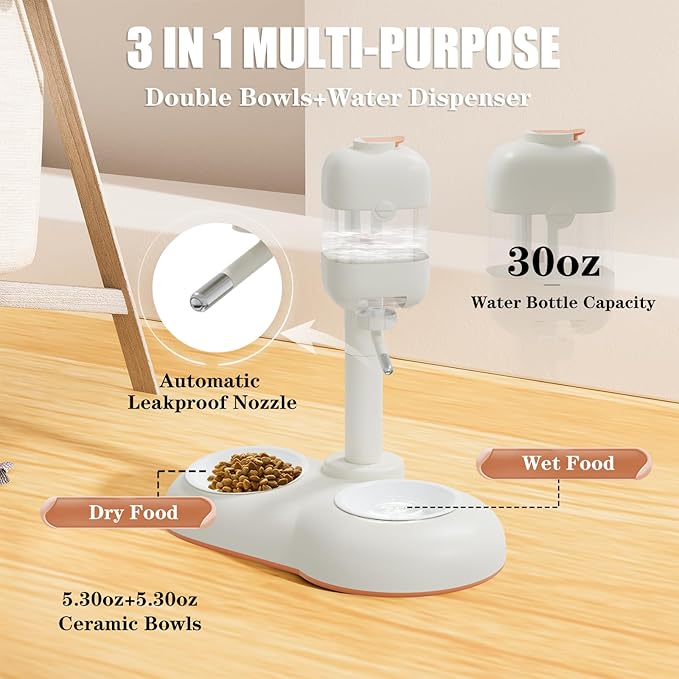 Pet Bowls with Weaning Bottles,3 in 1 Height Adjustable Water Dispenser for Dogs,15°Tilted Food Bowls for Small Dogs,Puppy Feeding,Pet Food Bowls for Cats,Rabbits,Ferrets