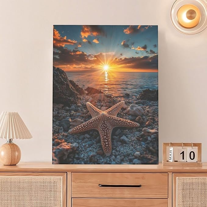 Beach Starfish Wall Decor Ocean Starfish Wall Art Sunset Scenery Coastal Theme Pictures Canvas Nature Seascape Painting Print Framed Artwork Decorations for Home Bathroom Living Room Bedroom Office 12"x16"