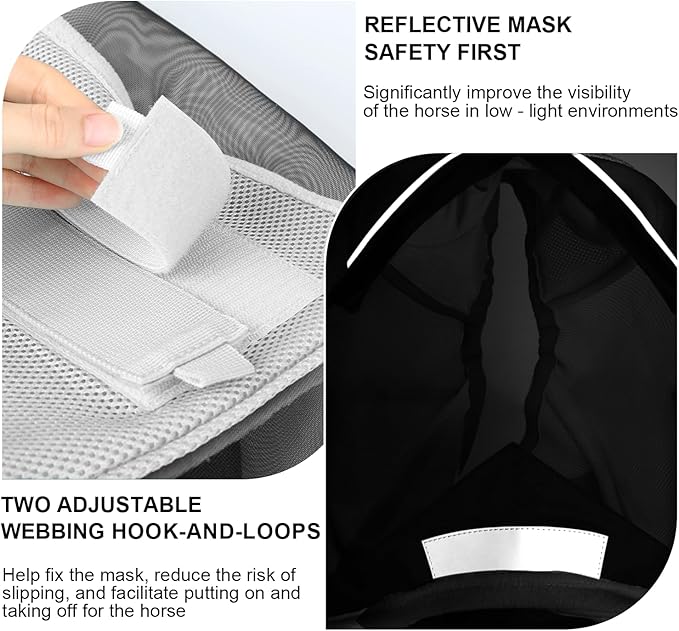 Luminous Horse Fly Mask with Long Nose, Ears, Full Face & Eye Protection - Full Mesh, Detachable Nose Cover, Fleece Padded Edging, Hook-and-Loop Straps with Webbing, Hanging Straps Grey