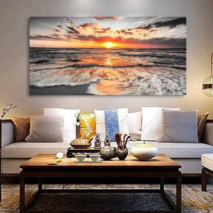 Yxbhhym-Large Pictures for Living Room Wall Decor Beach Wall Art Black and White Ocean Room Decor Sunset Canvas Prints Art Seascape Prints Poster Painting for Bedroom Wall Art Home Office Decoration
