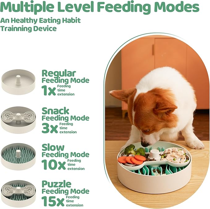 Slow Feeder Dog Bowl for Large Dogs with Non-Slip Base - Adjustable Speed Design, Removable Puzzle Inserts & Dishwasher Safe, Green