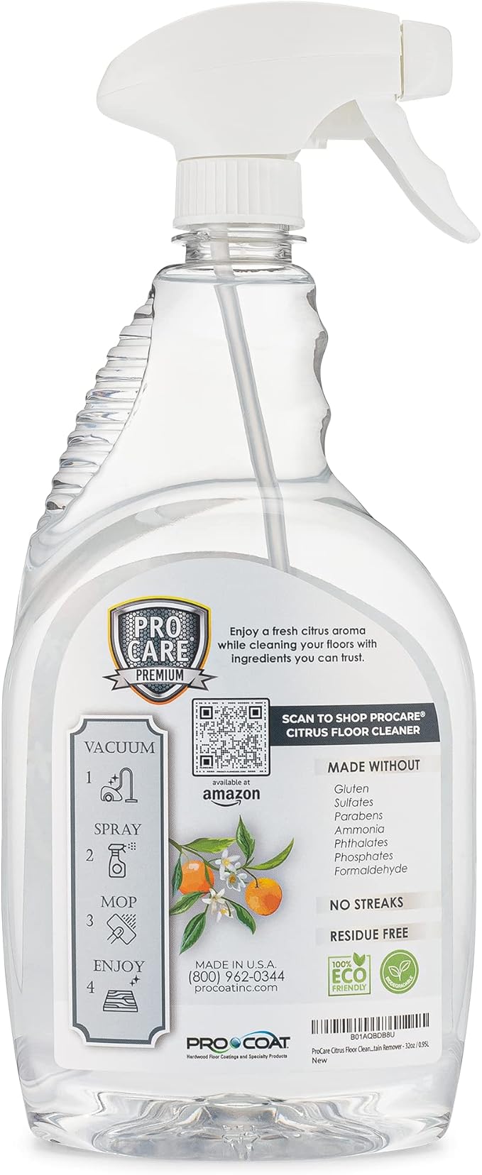 ProCare Citrus Floor Cleaner (Made in USA) | Tile, Stone, Laminate, Vinyl & Natural Wood Floor Cleaner for Mopping, Floor Cleaning Solution with Citrus Aroma - 32oz / 0.95L Spray Bottle