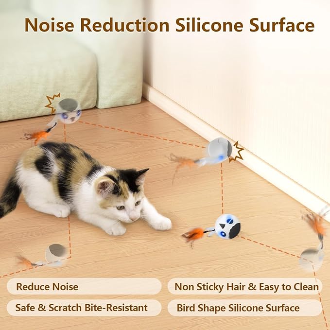 ORSDA Cat Ball Toys, Interactive Cat Toy for Indoor Bored Indoor Cats Kitten Toys, Automatic Electric Bird Moving Ball Toy, 4 Mode Voice & Touch Control Rolling Chirping Stimulating, 2 Feather Tails