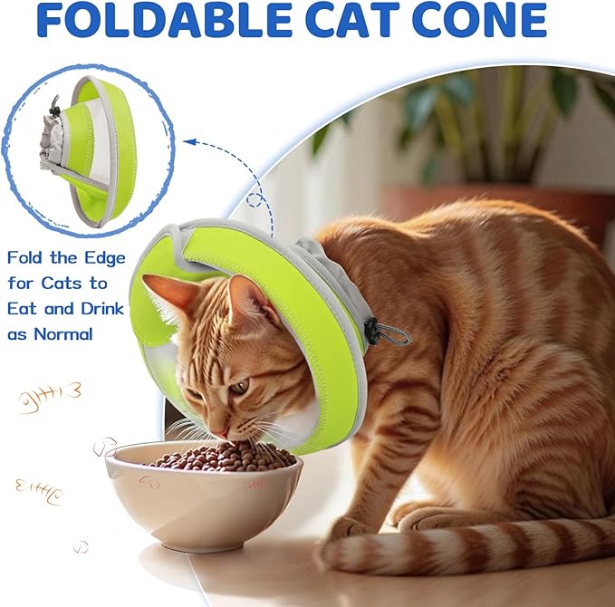 Breathable Air Mesh Cat Cone Collar Soft to Stop Licking, Adjustable, Foldable Lightweight Kitten Cones After Surgery Recovery for Cats & Kittens (Yellow Green,L)