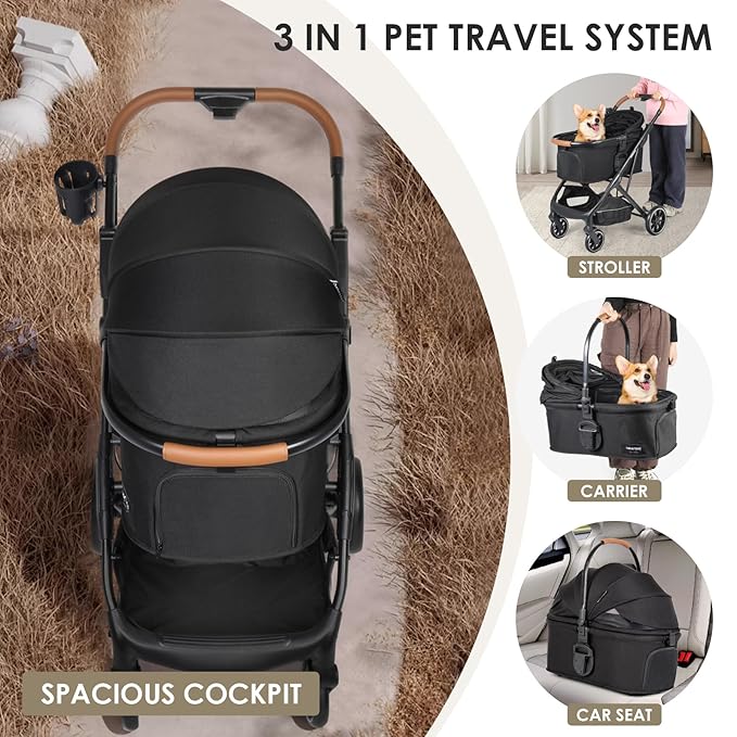 T6 Luxury Pet Stroller for Medium Dogs Up to 66lbs or 2 Small Pets – 3-in-1 Dog & Cat Stroller with Removable Carrier, Foldable & Lightweight (Black)