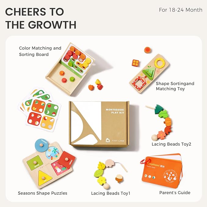 Tiny Land Montessori Toy Set for Babies 18-24 Months Investigator Play Kit- 4-in-1 Wooden Learning Toys with Color Sorting, Lacing Beads, Shape Matching, and Seasons Puzzles